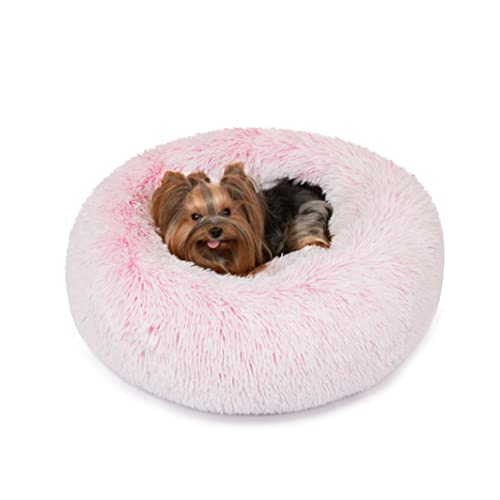 Friends Forever Donut Dog Bed Faux Fur Fluffy Calming Sofa For Small Dogs, Soft & Plush Anti Anxiety Pet Couch For Dogs, Machine Washable Coco Pet Bed with Non-Slip Bottom, 23