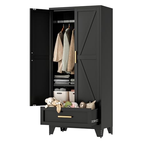 LCAOPC 71" Tall Metal Wardrobe Cabinet with Drawer and Hanging Rod, 2 Doors Armoire Wardrobe Closet with Shelf for Bedroom, Office, Laundry Room, Black