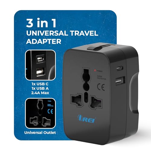 Image of Orei Universal Charger Adapter with Type C - 3 in 1 International Travel Adapter - Universal Travel Adapter All in one with 1 USB-A, 1 USB-C (2.4A Each) and Universal Output Socket - 10 Year Warranty