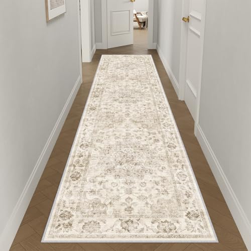 WondRg 2x14 Washable Neutral Runner Rug Beige Vintage Hallway Kitchen