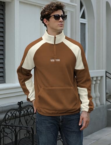 ZAFUL Men's Polar Fleece Sweatshirt NEW YORK Embroidered Quarter Zip Kangaroo Pocket Colorblock Stand Collar Pullover (0-Coffee, S)4