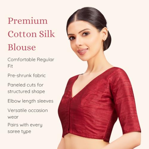 Image of Studio Shringaar Women Readymade Raw Silk V Neck Saree Half Sleeve Blouse