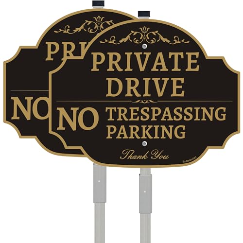 Private Drive Sign with 28 Inch Stake 12x9 Inch Private Driveway No Parking Trespassing Sign Reflective Aluminum 2Pack