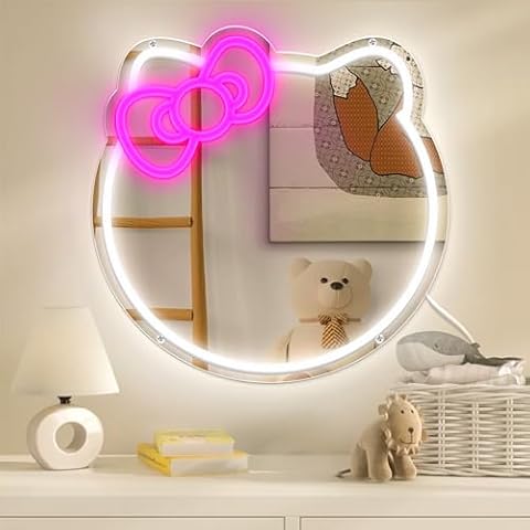 Anime Cat Mirror Neon Sign for Wall Decor, Hello Cat Room Decor, Cute Vanity Mirror with LED Neon Light, Girls Dresser Decor (Cat Mirror) Cover