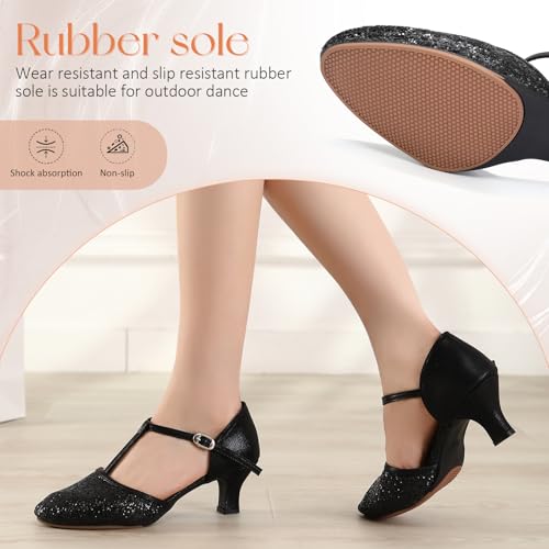 Women Latin Dance Shoes Sequin Closed Toe T-Strap Ballroom Salsa Tango Party Performance Dance Shoes,Model FT-1354