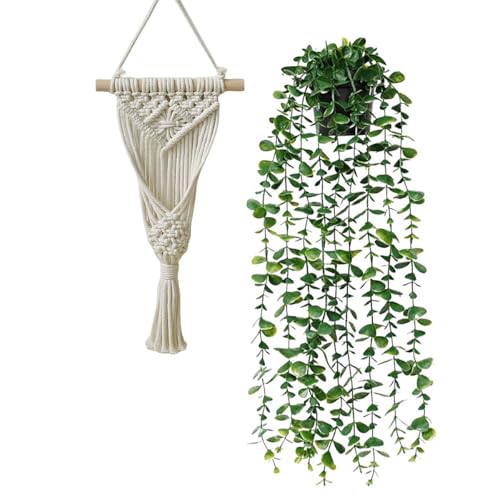 Avoik Artificial Eucalyptus Wall Hanging Decor, Artificial Hanging Greenery Plants, Macrame Plant Hanger with Faux Vines Hanging Planter for Boho Chic Home Office Bedroom Indoor Farmhouse Decor