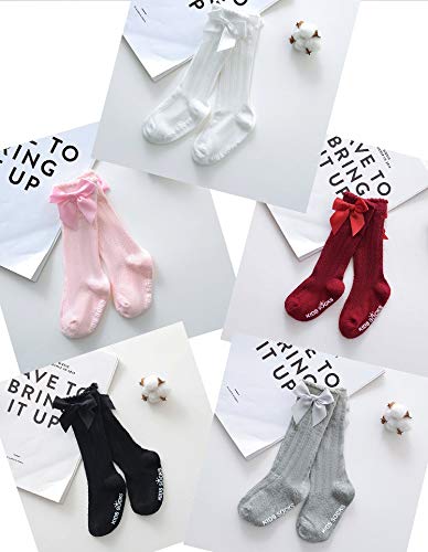 LXXIASHI Baby Girls Bowknot Ribbon Cotton Mid Stockings Newborn Infant Kids Solid Knit Frill Dress Socks 0-4Y (Bow Ribbon - Pink, 2-4 Years)