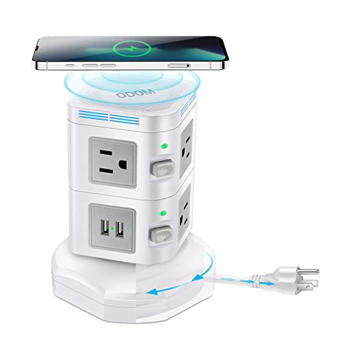 Power Strips Surge Protector, Odom Power Strip Tower With Fast Wireless Charger, 4 Usb Ports + 6 Widely Outlets + 6 Feet Retractable Extension Cord, Multiple Plug Outlet Charging Tower For Home Office #TOP2