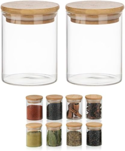 Kit 2 Potes Hermético Vidro Liso Redondo Tampa Bambu 200ml 8,5x6,5cm Premium, Porta Condimento, Porta Tempero, Alta Vedação, Multiuso, Conserva Alimentos, Preserva Nutrientes, Praticidade