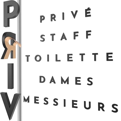 Erhabene Buchstaben Aufkleber Schild Privé, Staff, Toilette, Messieurs, Dames – Tür- und Wandbeschriftung im Vintage-Stil (Schwarz, Französisch)