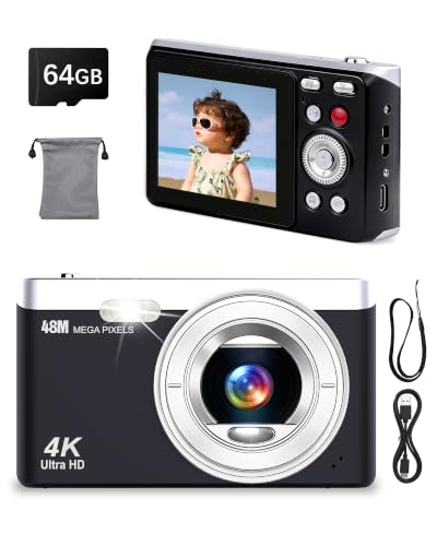Digitalkamera 4K 48MP Fotokamera Autofokus Fotoapparat Fotokamera mit 2,8" Bildschirm, 16X Digitalzoom, 64GB SD Karte Tragbar Kompaktkamera für Kinder Teenager Anfänger