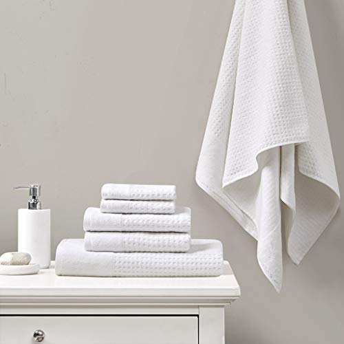 Madison Park Spa Waffelmuster Jacquard 600 g/m² 100% Baumwolle gekämmt Velours Ultra weich saugfähig schnell trocknend Hotel Bad Handwäsche Waschlappen Verschiedene Größen weiß 6-teilig