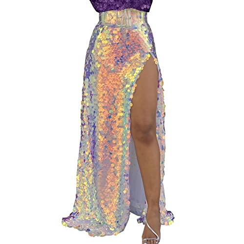 Lisong Women High Waist Colorful Sequin Floor Length Split Spectial Occasion Skirt