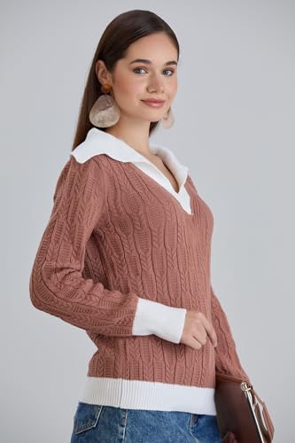 Image of Sweaters for Women Fashion Long Sleeve Lapel Collar V Neck Casual Knit Color Block Pullover Sweater