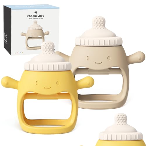 Image of 2 Packs Baby Teething Toy Silicone Teething Mitten for Babies Over 3 Months Anti Dropping Wrist Hand Teethers Baby Chew Toys for Sucking Needs, BPA Free (BabyBottle Yellow)