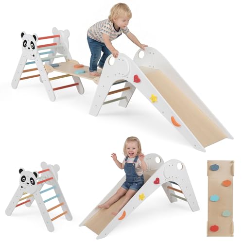COSTWAY Triangle d’Escalade Montessori Enfant Pliable sur Thème Panda avec Rampe et Échelle, Parcours Motricité Bébé Bois avec Toboggan et Blocs...