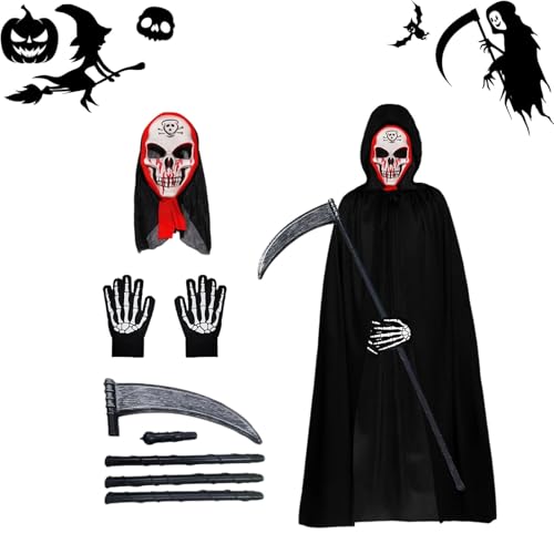 Deguisement Halloween Faucheuse,Déguisement Faucheuse pour adultes et enfants,masque de crâne, faux, gants de squelette,Cape Noire à Capuche pour la Halloween,Cosplay,Carnaval (Adulte-C)