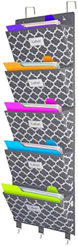 Hanging File Organizer, Over Door File Organizer Wall Mounted Storage Holder Pocket for Magazine, Notebooks, Planners, Mails, Office, Classroom, 5 Extra Large Pockets with Labels, 50.39" H, Grey with Lantern Pattern