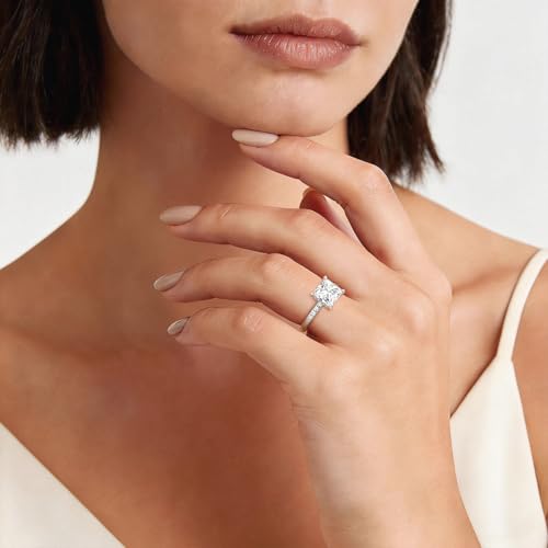 MSBLUE® Moissanite Engagement Ring, Princess Cut with Accent Stones and Hidden Halo, Wedding Promise Ring, 3ct, Silver, Size5.5, Rhodium Plated by MSBLUE - Image 6