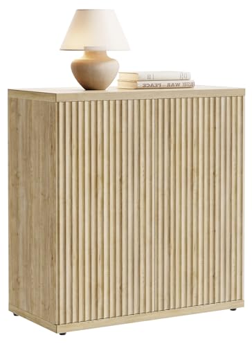 Image of Fluted Buffet Cabinet Sideboard with Storage,Wooden Credenza with 2 Doors&Adjustable Shelve, Modern Accent Cabinets Coffee Bar Bookcase for Living Room,Kitchen Dining Room Entryway 15"D Natural Oak