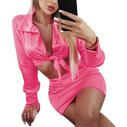 LuFeng Conjunto de 2 peças de blusa cropped feminina sexy de cetim e mini saia colado ao corpo, Verm