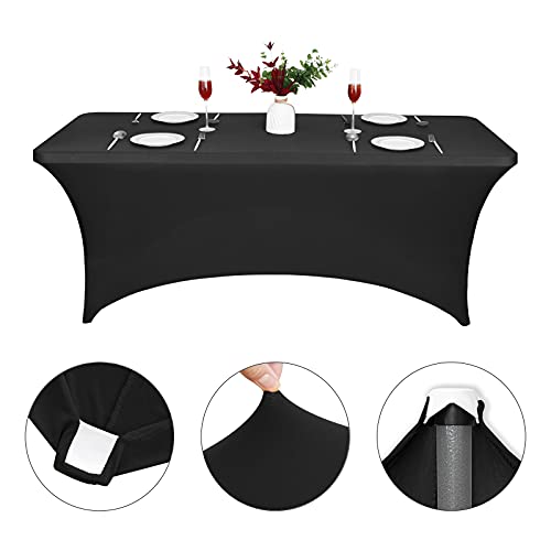 Image of CWK 6FT Stretch Spandex Table Cover for Rectangular Tables - Elastic Fitted Tablecloth for Folding Tables, Wrinkle Resistant, Durable Table Protector for Parties,Weddings,Banquets &Events (Black)