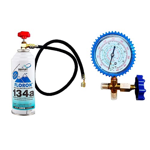 Image of R-134 Gas Can Combo Set for Refrigerator Car Comes with (1 Gas CANS) 1 Valve | 2 Hose Pipes | 1 Single Gauge Manifold