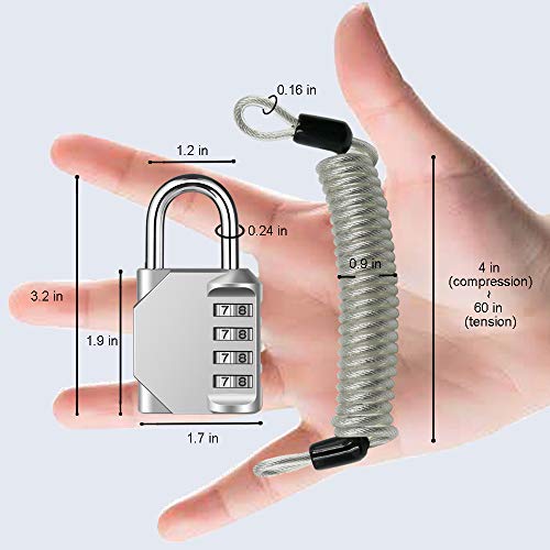 Disecu 4 Digit Combination Lock Outdoor Waterproof Padlock With Steel Cable For Gym Locker, Sports Locker, Helmet, Gate, Fence, Luggage, Bike (Silver, Pack Of 2 Padlocks) #TOP1