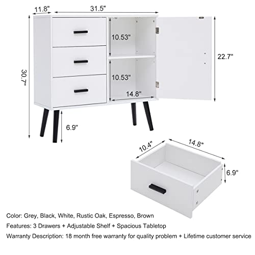 Iwell Storage Cabinet, Bathroom Storage Cabinet With Door And Adjustable Shelf, 3 Drawers Dresser For Bedroom, Kitchen Storage Cabinet, Accent Cabinet For Living Room, Entryway, White #TOP2