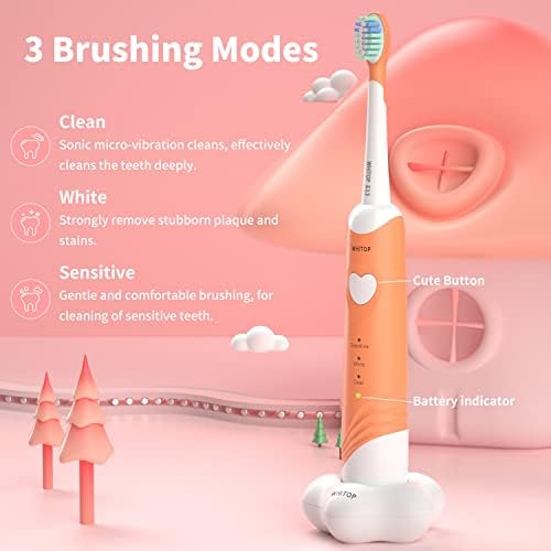 WHITOP ED05 Kids Electric Toothbrush, Wireless Charging IPX8 Waterproof Sonic Electronic Toothbrushes with Timer, 3 Modes Rechargeable Automatic Toothbrush for Children Boys and Girls