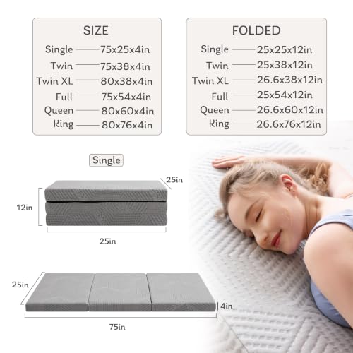 Image of MLILY Full Trifold Mattress, 4 Inch Foldable Gel Memory Foam Mattress