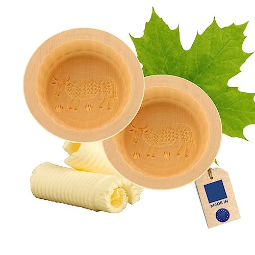 Lot de 2 moules à beurre HOFMEISTER® - Pour beurre de 250 g - 11 cm - En forme de vache - Fabriqué à la main en Allemagne - Forme ronde - En bois d'érable local