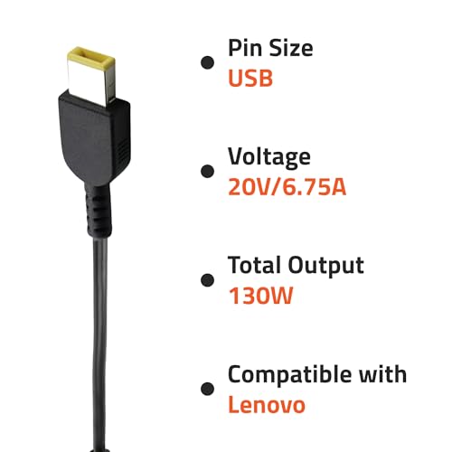 Image of AR1205 130 Watt Laptop Charger /Adapter with Power Cord Compatible with Lenovo Laptops (20V /6.75A, Pin: USB)