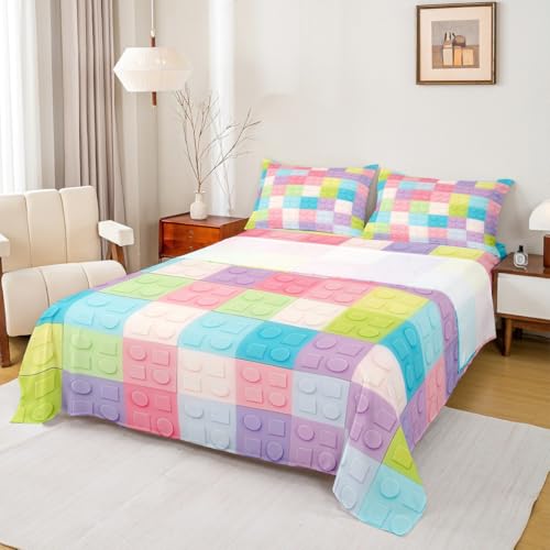 Feelyou Building Block Bed Sheets Queen Size Kids Brick Styles Bedding Set for Boys Teens Candy Colorful Gaming Bed Cover Pink Yellow Blue Room Decor