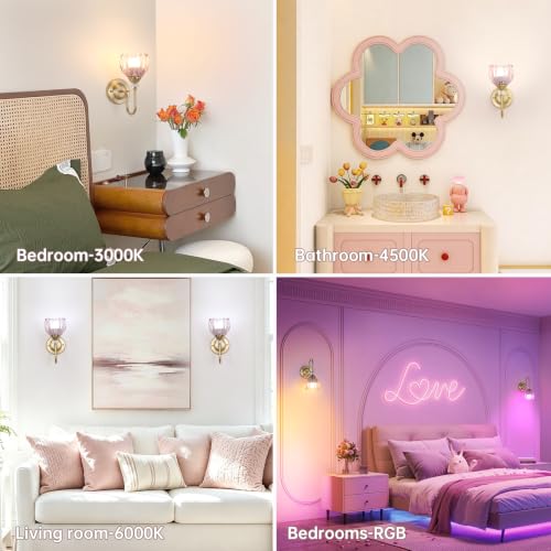 Image of Set of 2 Vintage Battery Operated Wall Sconce, Rechargeable Wall Lamp with 5000mAh Battery & Remote Control, Dimmable Wall Lights with tulip shade for Bedroom Bathroom Living Room, (Tulip Pink Up)