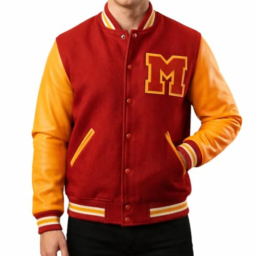 III-Fashions Red Rockstar Varsity Jacket for Men - College Baseball Wool + Faux Leather Mens Letterman Jacket - Famous Superstar Halloween Outfit