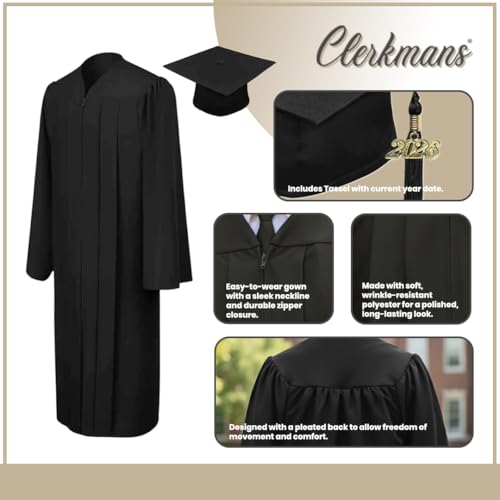 Image of CLERKMANS Unisex Matte Graduation Cap Gown Tassel Package, High School and University