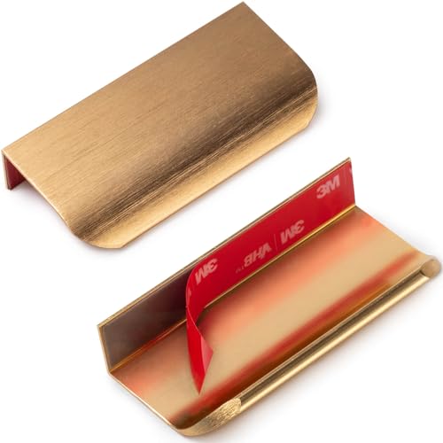 RVPEKUPE 5-Pack Adhesive Edge Finger Pulls for Cabinets No Drill Hidden Drawer Pulls Flat Stick On Cabinet Handles (Brushed Gold, 3.15' Length)