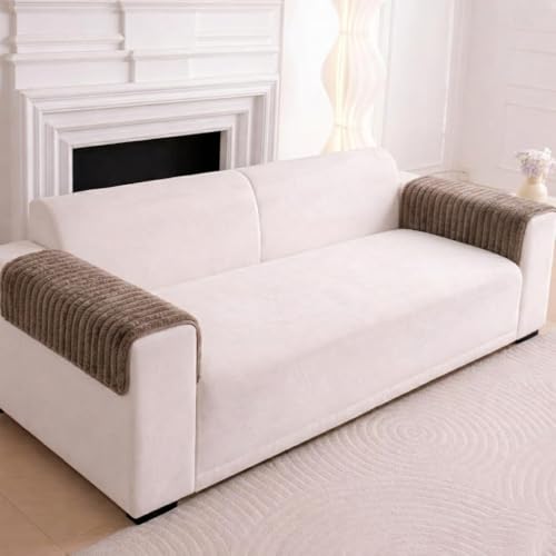 Image of HOMETHREADS Thick & Soft Fur Plush Sofa Cover-Luxurious Cozy Slipcover, Washable & Pet-Friendly, Anti-Scratch Protector for Sofas (Khaki, 2Pc Armrest | 70x50cm)