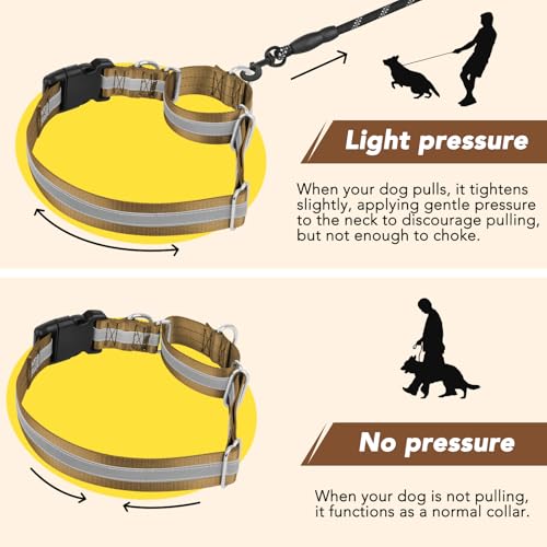Mayerzon 1.5\" Wide Reflective Martingale Collar for Large Dogs, Patented No Pull Heavy Duty Walking Training Dog Collar for Pitbulls German Shepherds, with Buckle, 2 D-Rings, Adjustable (Brown, L)