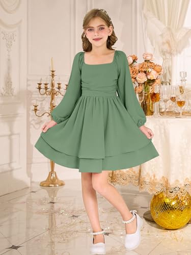 Girls Fall Dress Long Sleeve Dresses Smocked Ruched Square Neck Tiered Flowy Casual Formal Tween Dress 5-14 Years4