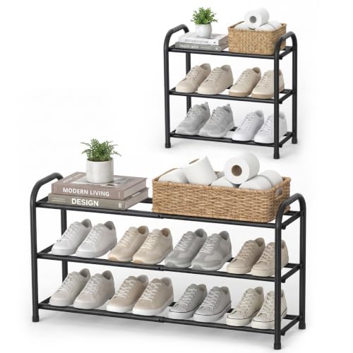 Image of Gonfoam Expandable 3-Tier Shoe Rack for Closet and Entryway, Black | Tool-Free Assembly, Metal Material, Adjustable Shoe Organizer, Sturdy, Small Space Solution, Dorms, Garages, Apartments.