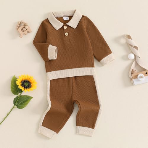 Kuriozud Toddler Boy Fall Clothes Baby Long Sleeve Lapel Button Shirt Color Block Pants Set Baby Boy Winter Outfit2
