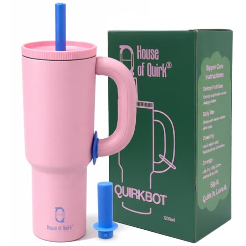 Image of House of Quirk 1200ml Stainless Steel Tumbler with Handle, Straw & Straw Cap | Leakproof Water Bottle | Large Capacity Travel Mug (Blossom Pink)