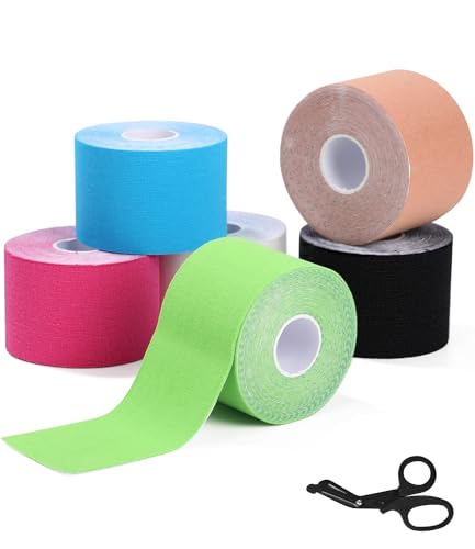 Toaren 6 Rollos Cinta Kinesiologica Deportiva, 5cm x 5m Kinesiotapes Kinesiology Tape con Tijeras, Venda Neuromuscular Adhesiva, Impermeable, para Hombros, Rodilla, Codo, Alivio Dolor Muscular