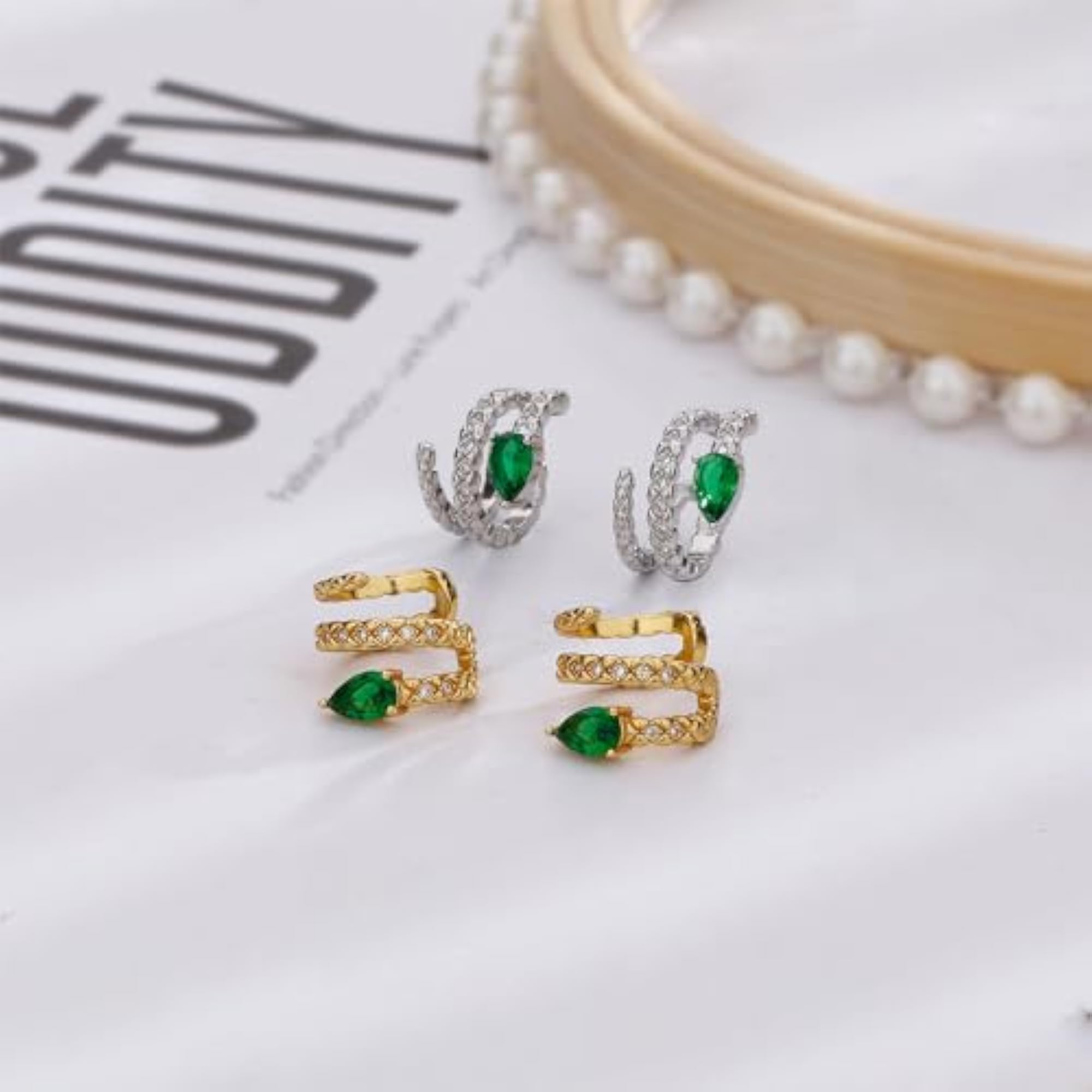 Green Snake Ear Cuff with Emerald Crystal for Women