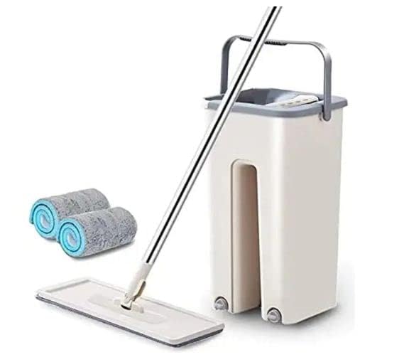 Image of Heavy Quality Floor Mop with Bucket, Flat Square Dinner Squeeze Mop Bucket System Cleaning Supplies 360 Flexible Mop Head /2 Reusable Ceramic Gift Pack