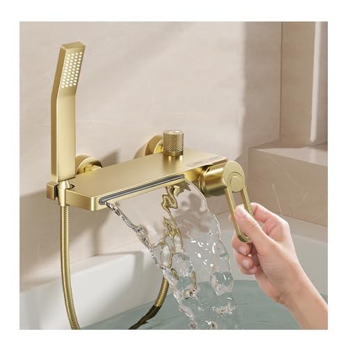 SWHC Robinet de Baignoire avec Douchette, Mitigeur Baignoire Cascade Mitigeur Douche Chaud ou Froid Robinet Douche Mural Or Brossé Robinet Salle Bain Baignoire Laiton