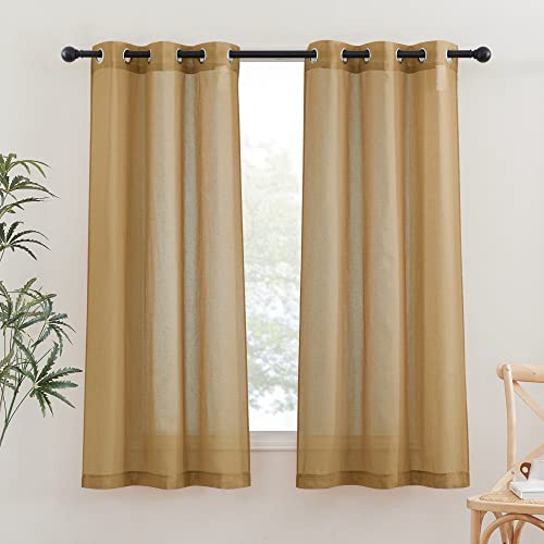 NICETOWN Linen Blend Semi Sheer Curtains for Boys Bedroom, Grommet Semitransparent Privacy with Light Filtering Window Drapes for Bedroom/Living Room, Camel, W36 x L63, 2 Pieces