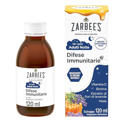 Zarbee's Sciroppo Notte Difese Immunitarie Adulti, Integratore difese immunitarie con miele puro, vitamina D, biotina e lavanda, Multivitaminico per favorire il rilassamento e il riposo, 120 ml